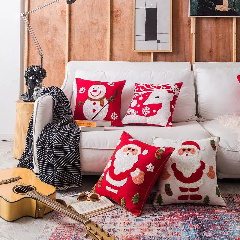 Decorbites christmas snowflake embroidered pillowcases feature red and white festive snowman reindeer and santa designs