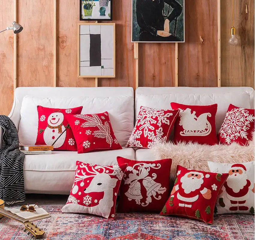 Red christmas snowflake elk embroidered pillowcases by decorbites featuring festive snowmen reindeer santa and sleigh designs