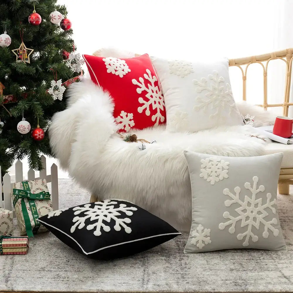 DecorBites christmas snowflake embroidered cushion cover 45x45cm with red white and black snowflake pattern for home decor