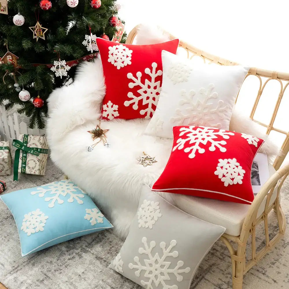 Red and white decorbites christmas snowflake embroidered cushion cover with plush fabric finish for festive home decor