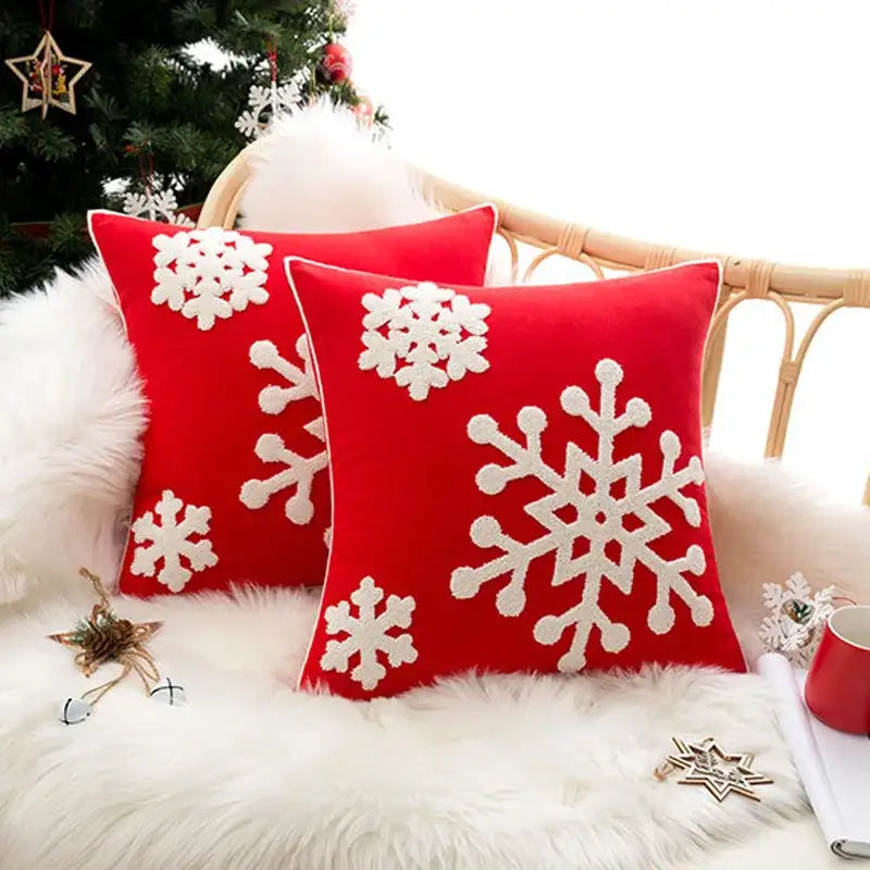 Red velvet cushion cover with white christmas snowflake embroidered design by decorbites for holiday decor