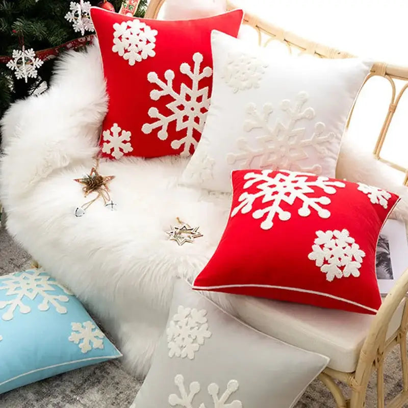 Red velvet decorbites christmas snowflake cushion cover with white embroidered snowflake appliqués for festive decor
