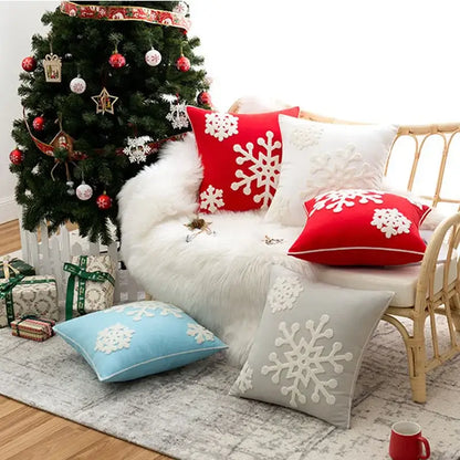 Red and white DecorBites Christmas snowflake cushion cover with embroidered design for cozy winter home decor