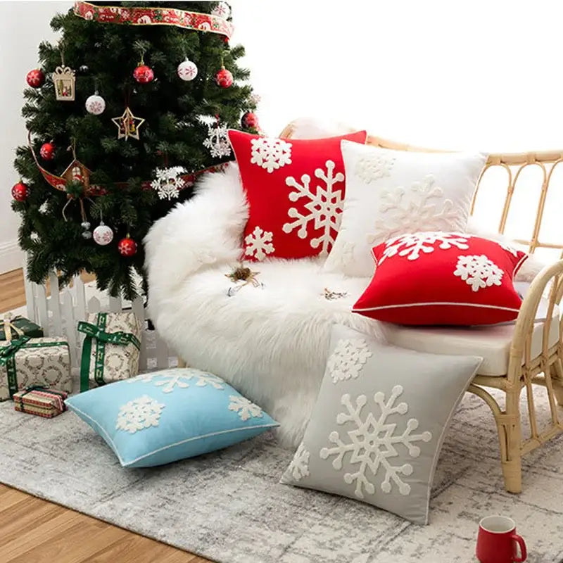 Red and white DecorBites Christmas snowflake cushion cover with embroidered design for cozy winter home decor
