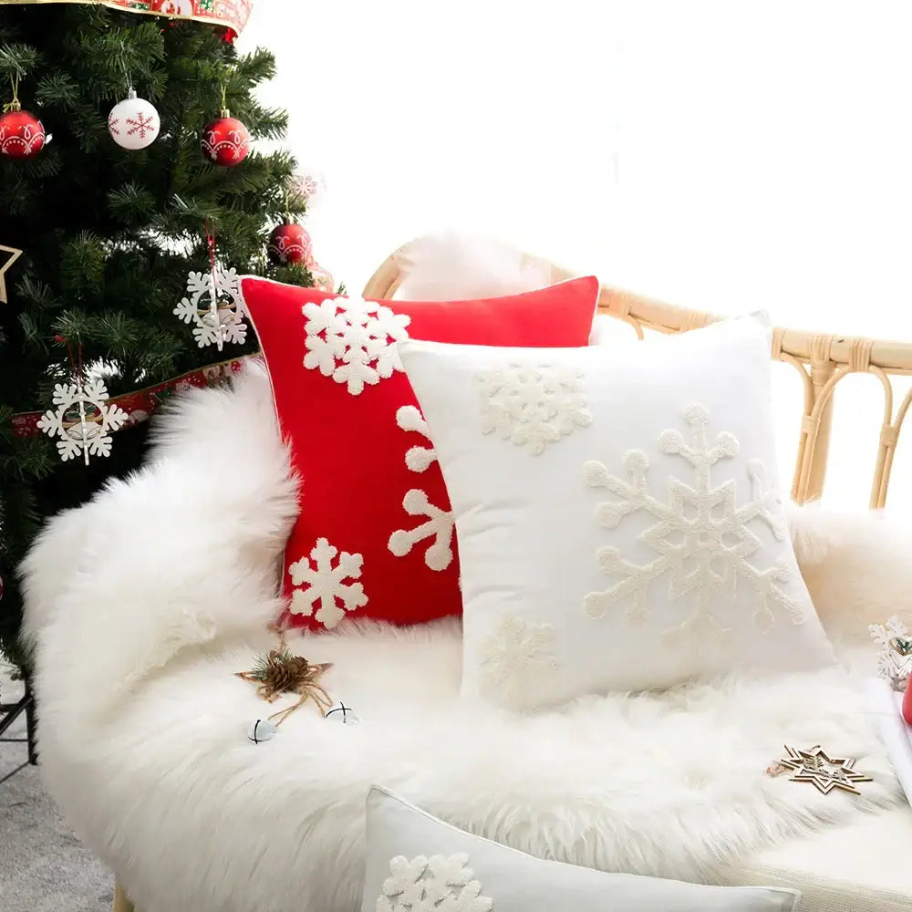 Decorbites christmas snowflake embroidered cushion cover in red and white with snowflake pattern for home decor and noel party