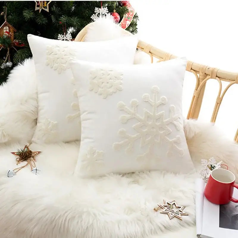 White soft fabric cushion cover with decorbites christmas snowflake embroidered design for cozy winter home decor