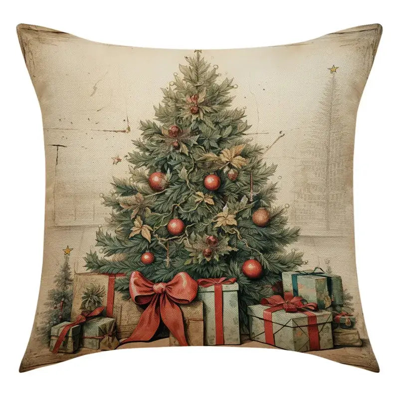 Decorbites christmas snowman deer pillowcase with vintage christmas tree red ornaments on beige textured fabric