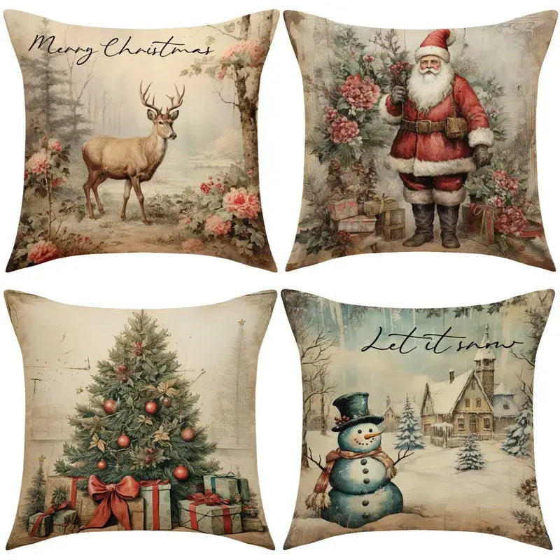 Set of four decorbites christmas snowman deer pillowcases featuring vintage-style snowy scenes for sofa decoration
