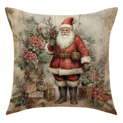 Decorbites christmas snowman red and white vintage santa claus throw pillow with floral and gift box accents