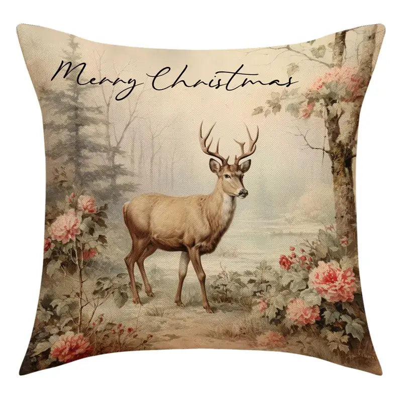 Beige DecorBites™ Christmas snowman deer pillowcase with vintage deer illustration and merry Christmas script for sofa decor