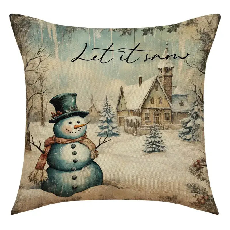 DecorBites Christmas snowman deer pillowcase teal cozy square cover with snowman and let it snow village scene design