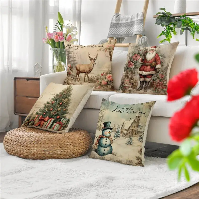 Four decorbites christmas snowman deer pillowcases with vintage santa deer tree and snowman on beige fabric for sofa decor