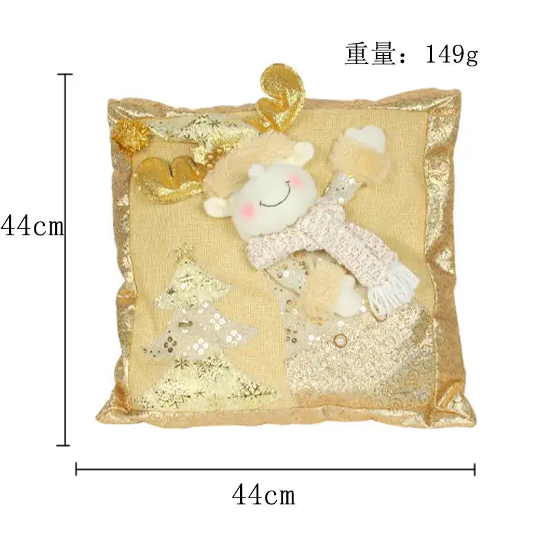 Decorbites™ gold embroidered pillowcase featuring a plush square gold fabric with embroidered reindeer and santa claus details