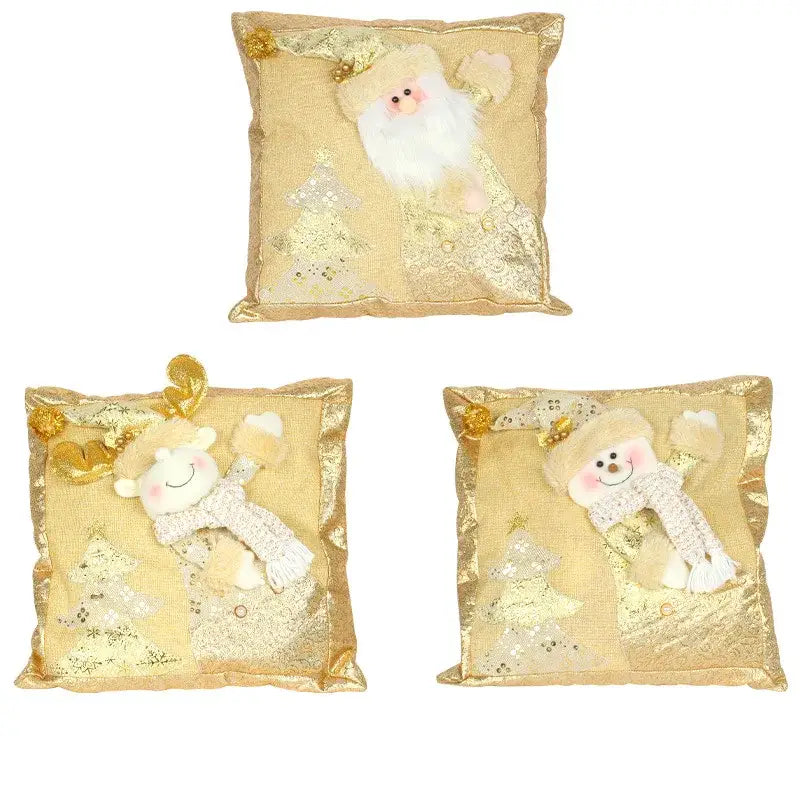 Gold embroidered pillowcase featuring a plush Santa Claus with white fur, sequined trees, and metallic gold accents