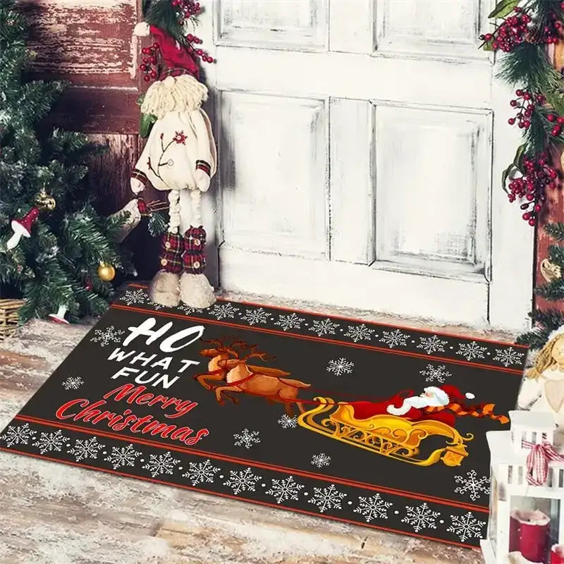 Black non-slip floor mat with red white snowflake border and golden sleigh design by DecorBites Christmas Snowman