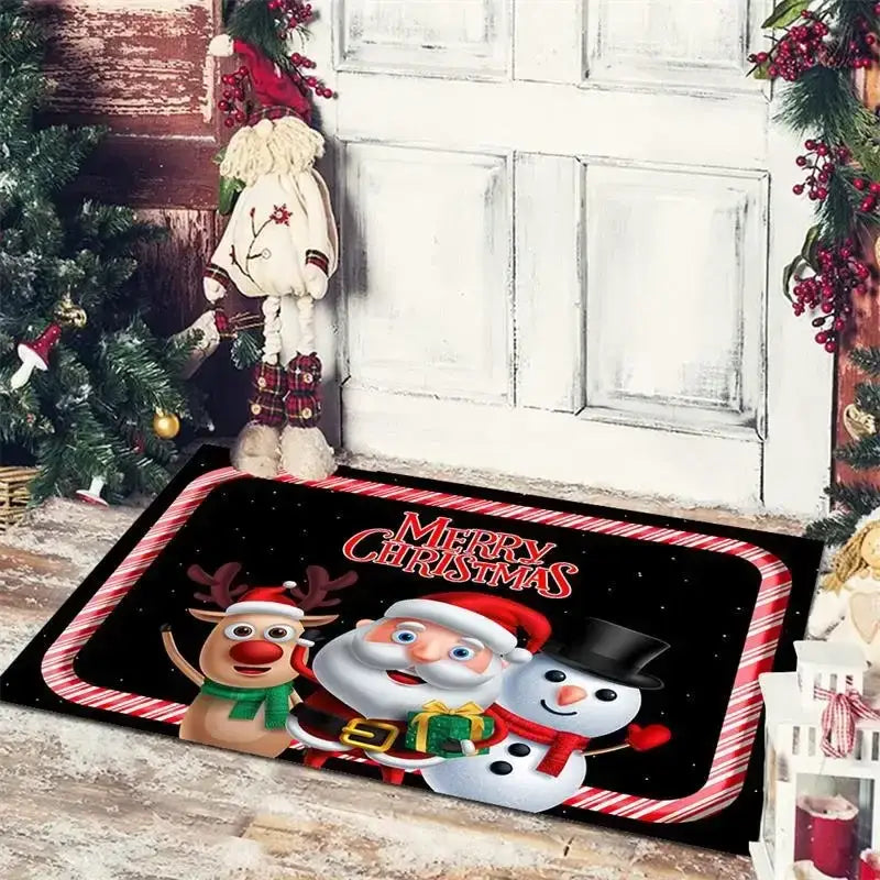 Black decorbites christmas snowman floor mat with santa rudolph snowman illustration and candy cane border trim