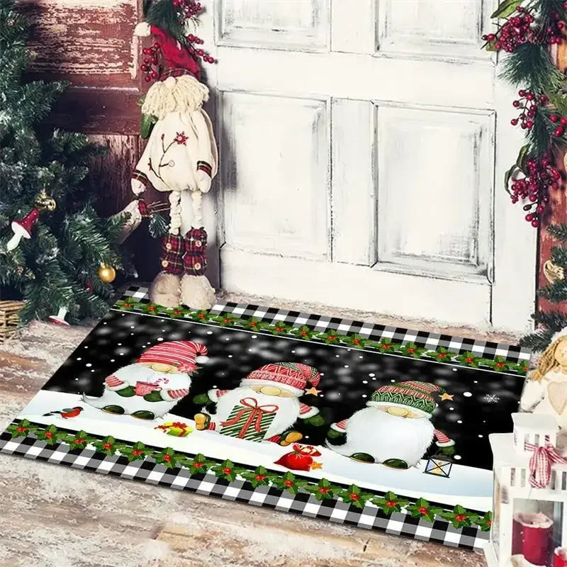 Black and white checkered decorbites christmas snowman non-slip floor mat with festive gnomes on a snowy background