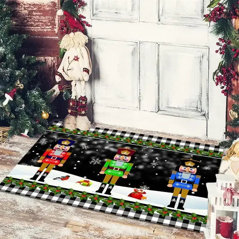 Black and white checkered border decorbites christmas snowman non-slip floor mat with colorful nutcracker soldiers and snowy backdrop