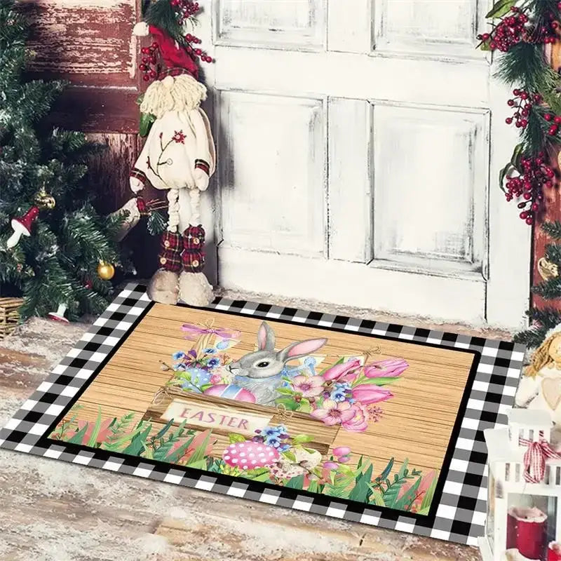 Decorbites christmas snowman non-slip floor mat with gray bunny pink tulips and black and white checkered border