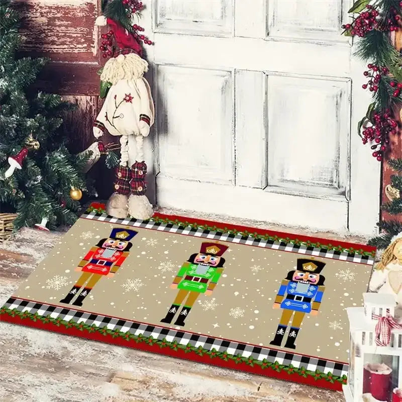 A festive beige decorbites christmas floor mat with three colorful nutcracker soldiers and holly bordered red edge