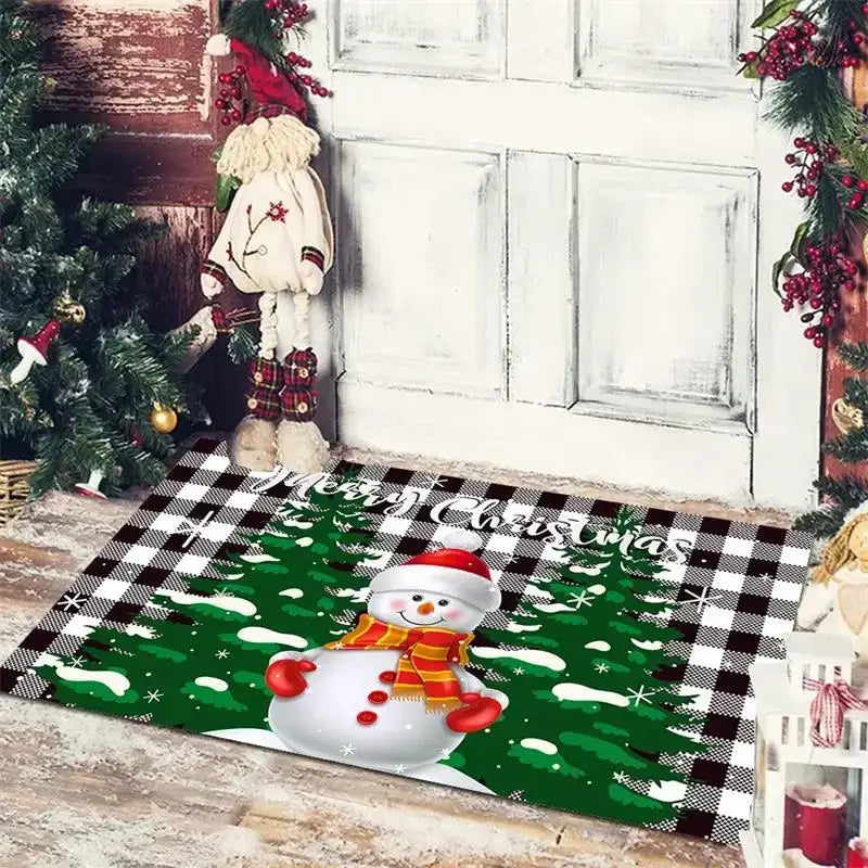 Festive green floor mat featuring a cheerful snowman with red hat and striped scarf by decorbites christmas snowman