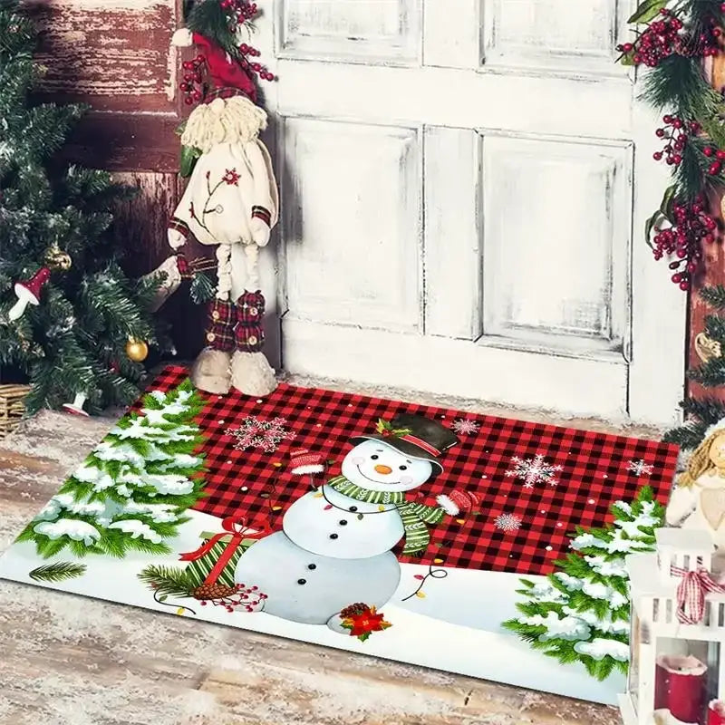 Festive red and black plaid decorbites christmas snowman non-slip floor mat with cheerful snowman and snowy pine trees