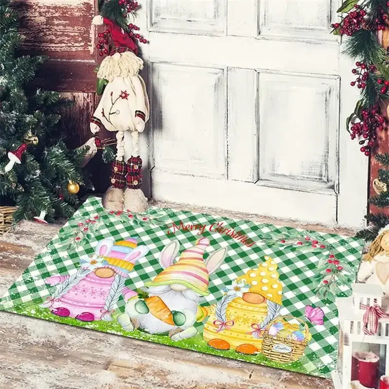 Green and white checkered DecorBites Christmas Snowman floor mat featuring colorful gnomes with striped hats and baskets