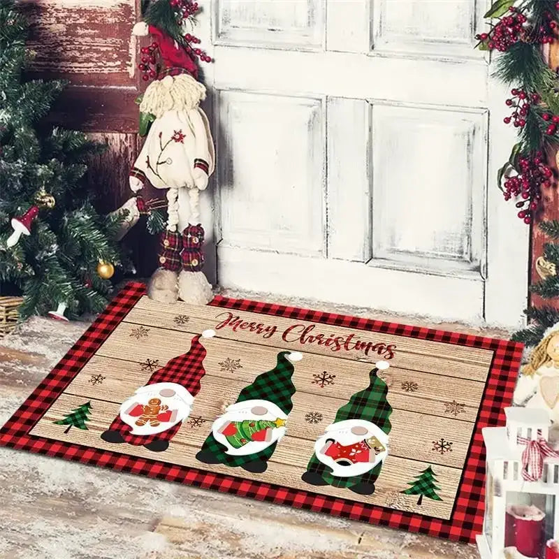 Red and black plaid border decorbites christmas snowman non-slip floor mat with wooden texture and festive gnomes design
