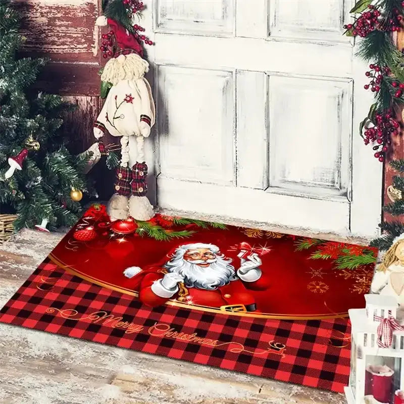 Red and black plaid decorbites christmas snowman floor mat with cheerful santa design gold trim and merry christmas script