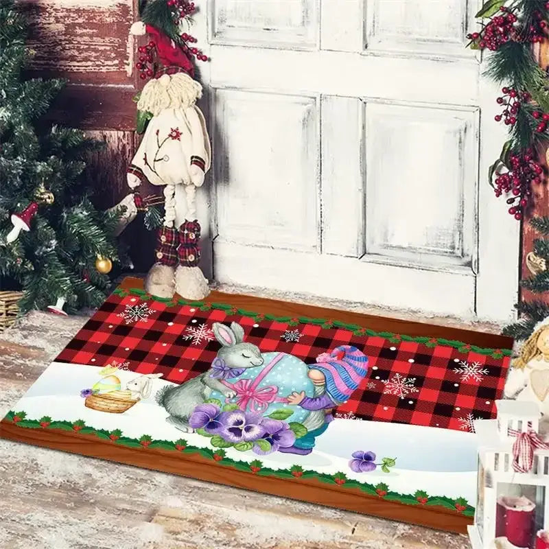 Red and black plaid floor mat by decorbites christmas featuring a gray bunny with gift, purple pansies, and snowflakes