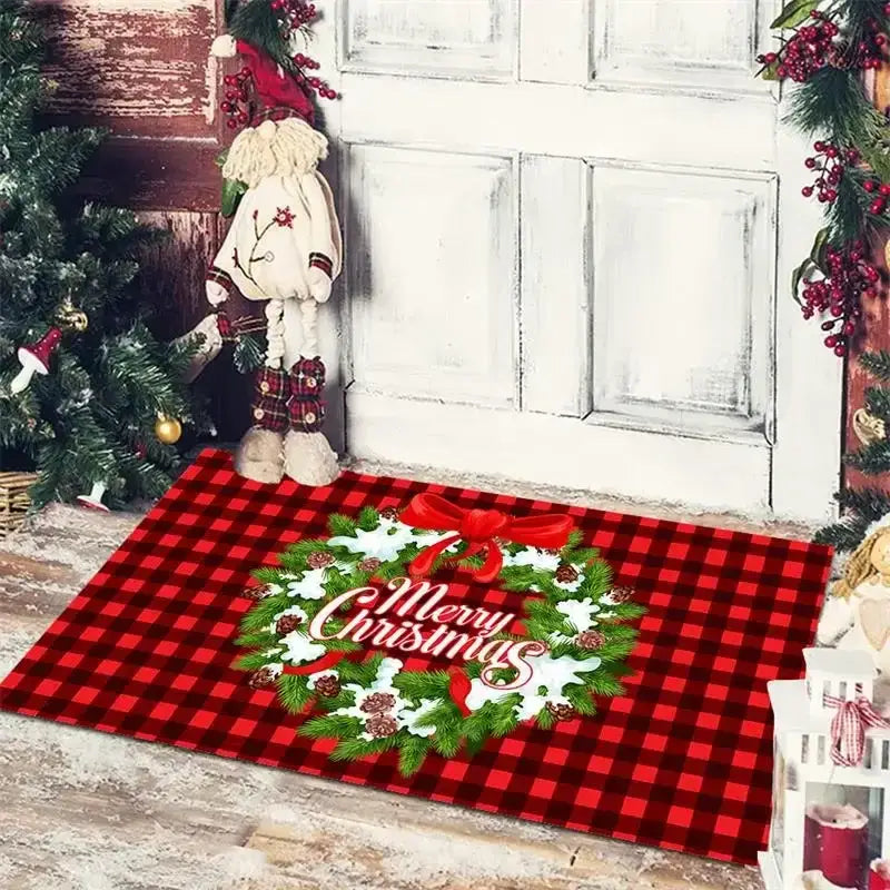 Red and black plaid floor mat with festive wreath and merry christmas text by decorbites christmas snowman collection