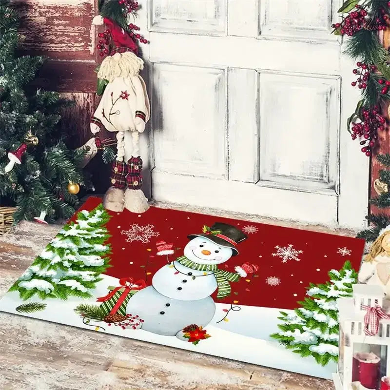 Red decorbites christmas snowman non-slip floor mat featuring a cheerful snowman with snowy pine trees and snowflakes