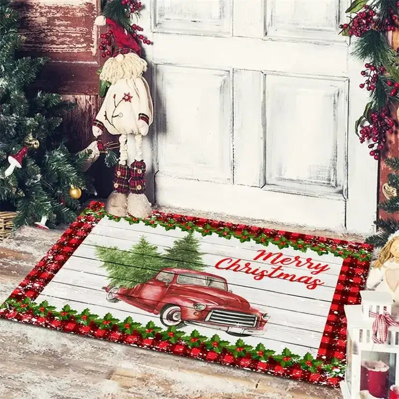 Decorbites christmas snowman non-slip floor mat featuring red vintage truck with tree on white wooden plank background