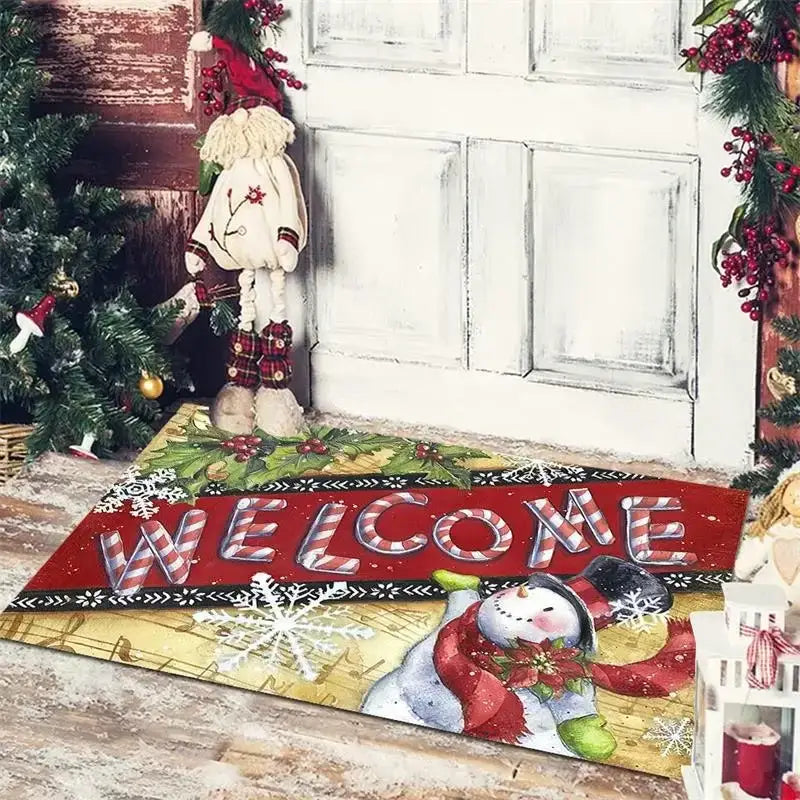 Red and white striped decorbites christmas snowman non-slip floor mat with festive snowman design for holiday decor