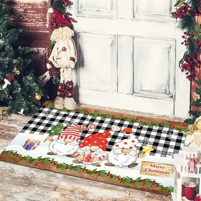 Decorbites christmas snowman floor mat with cartoon gnomes red and white hats black white checkered background