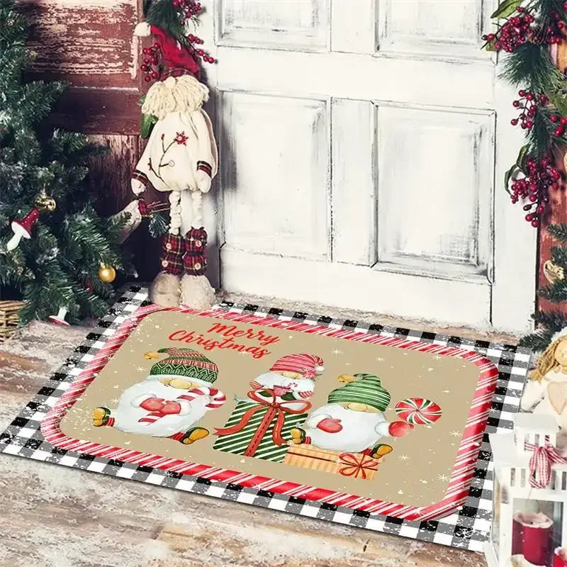 Decorbites christmas snowman floor mat featuring three festive gnomes on beige with red and black checkered border