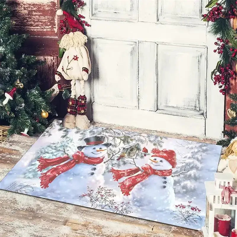 Decorbites christmas snowman non-slip floor mat with two snowmen in red scarves and hats on a snowy winter scene