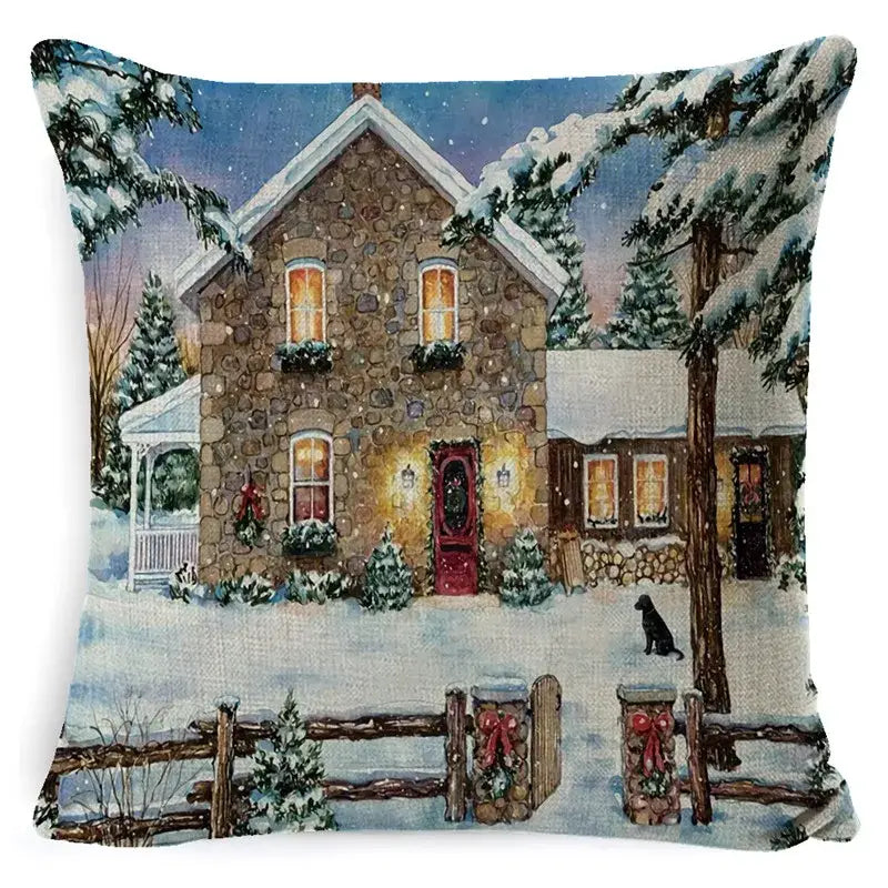 Cozy winter scene pillow cover with stone cottage, glowing windows, snow-covered trees, and red bows by decorbites christmas snowman santa claus