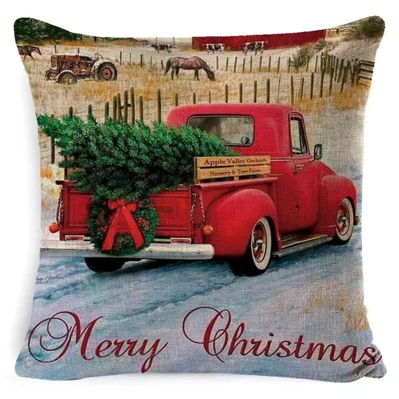 Decorbites christmas snowman pillow cover featuring red vintage pickup with christmas tree for festive living room decor