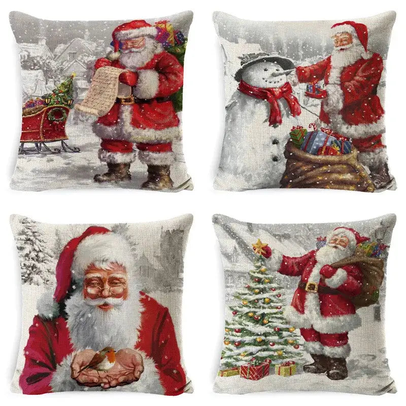 Set of four linen pillow covers featuring embroidered santa claus in red and white by decorbites christmas snowman
