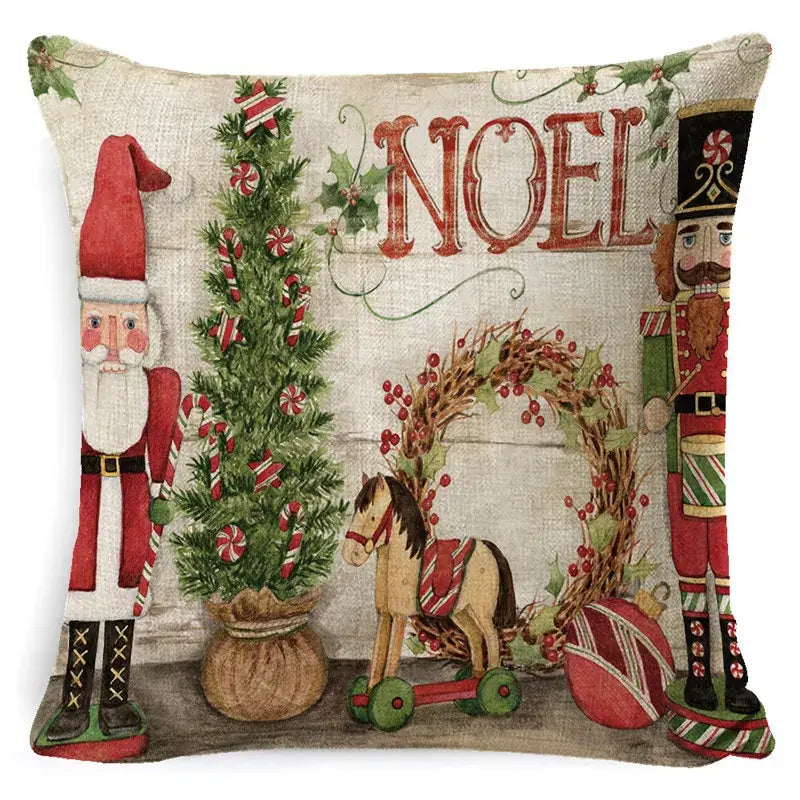 Decorbites christmas snowman pillow cover featuring santa claus and festive illustrations on beige linen fabric