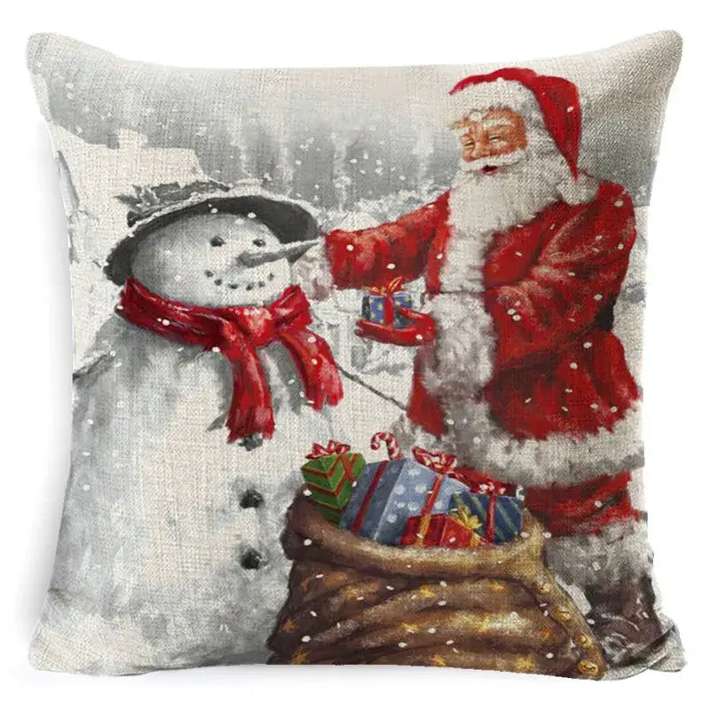 Red and white santa claus pillow cover with decorbites christmas snowman festive artwork on textured linen fabric