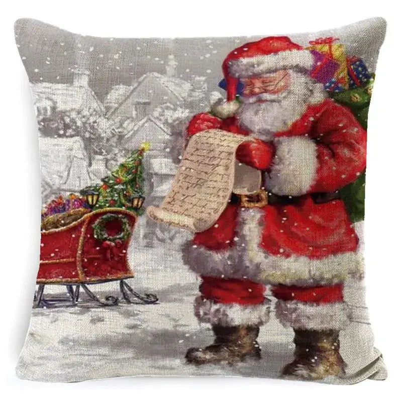 Decorbites christmas snowman red and white embroidered linen pillow cover featuring santa claus holding a scroll