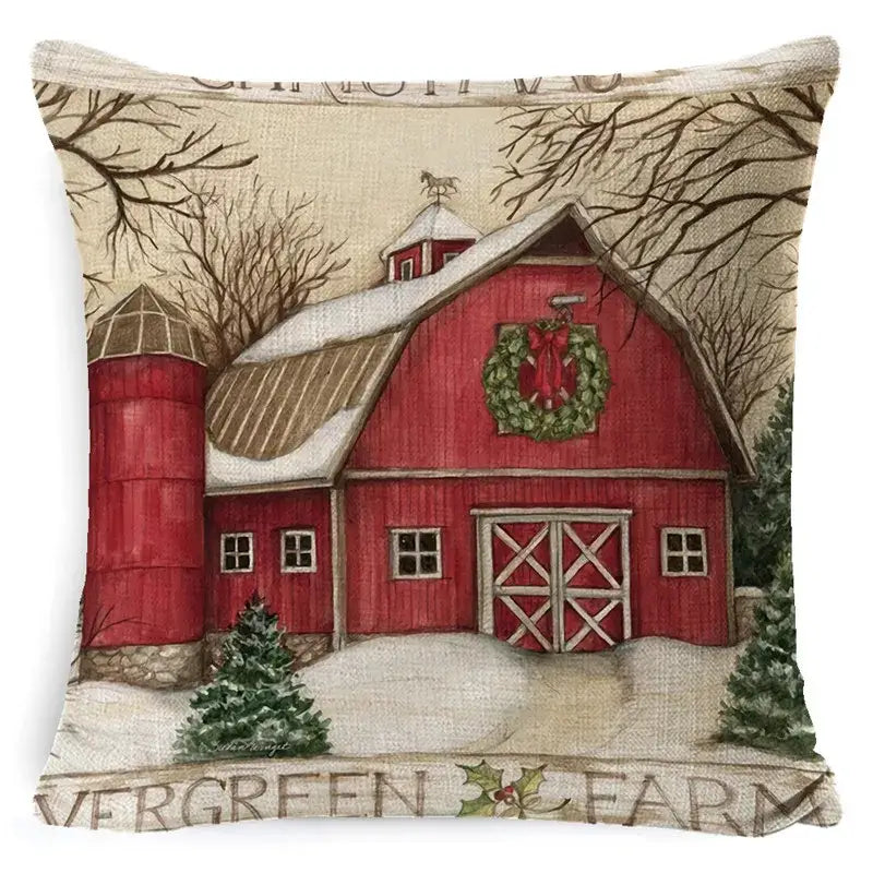 Decorbites christmas snowman pillow cover featuring red barn design with festive wreath and santa claus farm scene