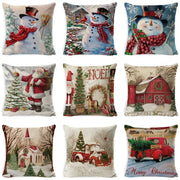 Decorbites christmas snowman pillow cover featuring santa claus and vintage red trucks in cozy winter scenes