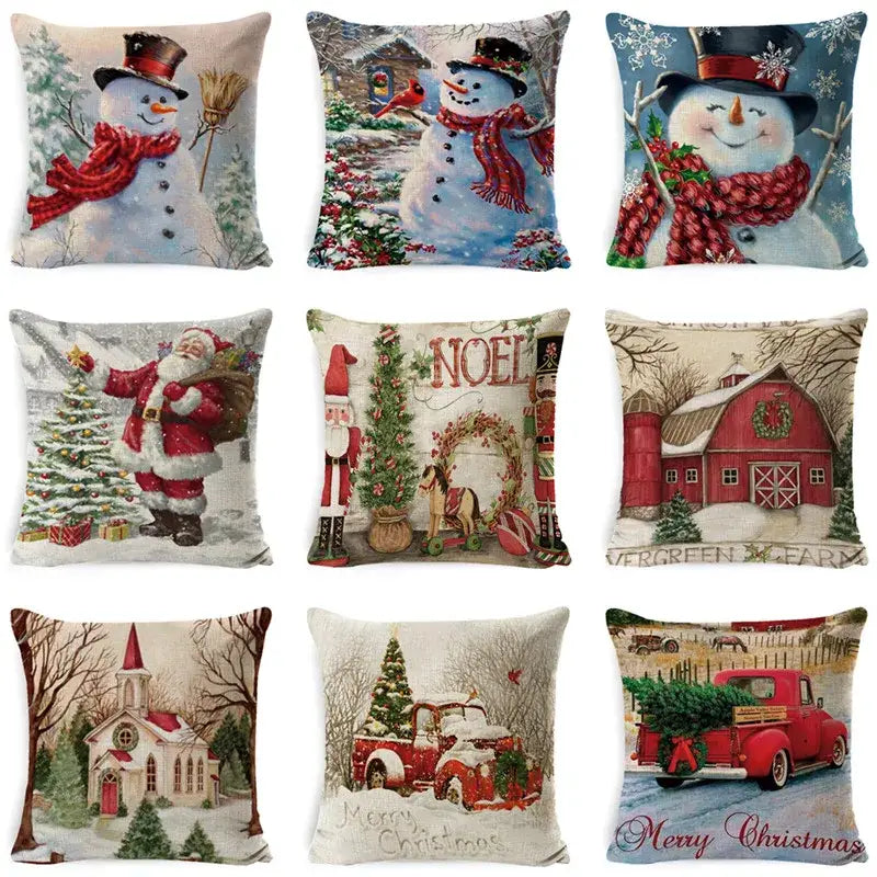 Decorbites christmas snowman pillow cover featuring santa claus and vintage red trucks in cozy winter scenes