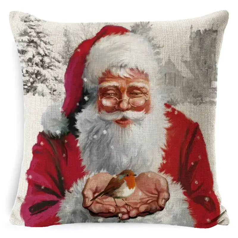 Red and white santa claus pillow cover by decorbites christmas snowman featuring him gently holding a small bird