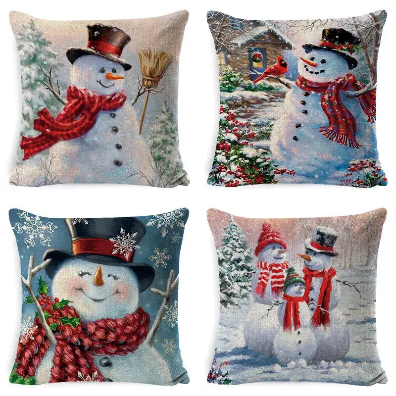 Set of four DecorBites christmas snowman pillow covers featuring embroidered snowmen with red scarves for festive decor