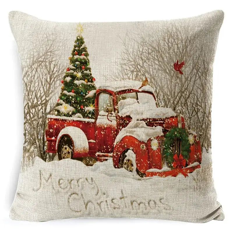 Beige linen pillow cover with a festive red vintage truck and christmas tree for decorbites christmas snowman decor