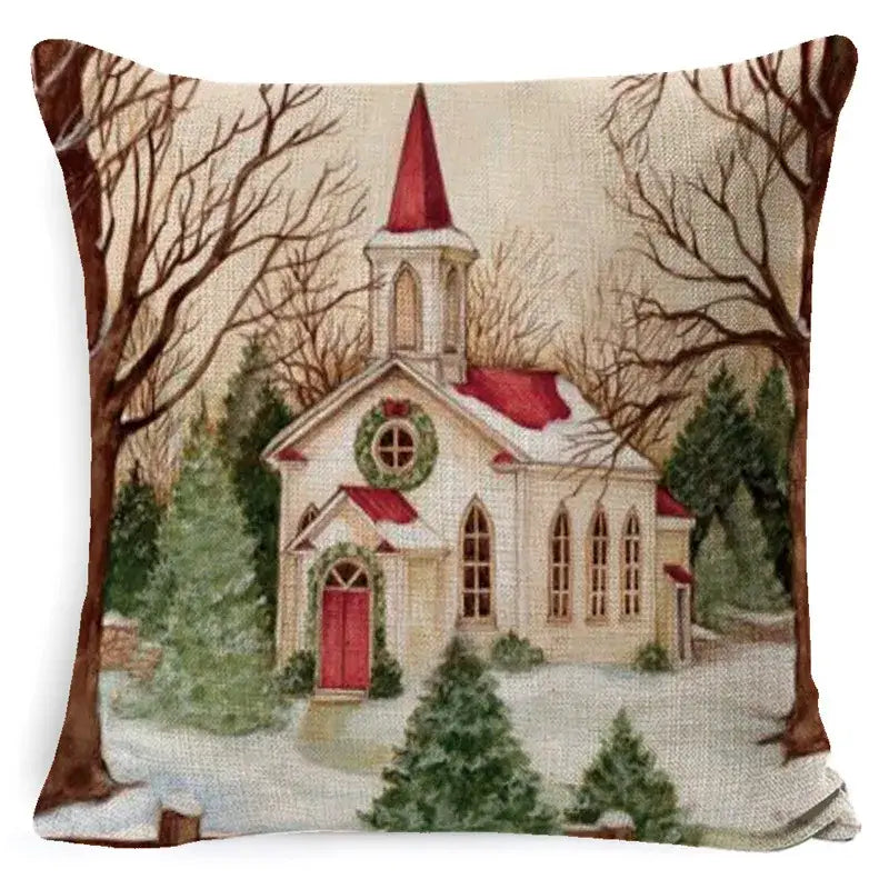 Cozy beige linen pillow cover by DecorBites Christmas Snowman featuring santa claus and a winter church scene